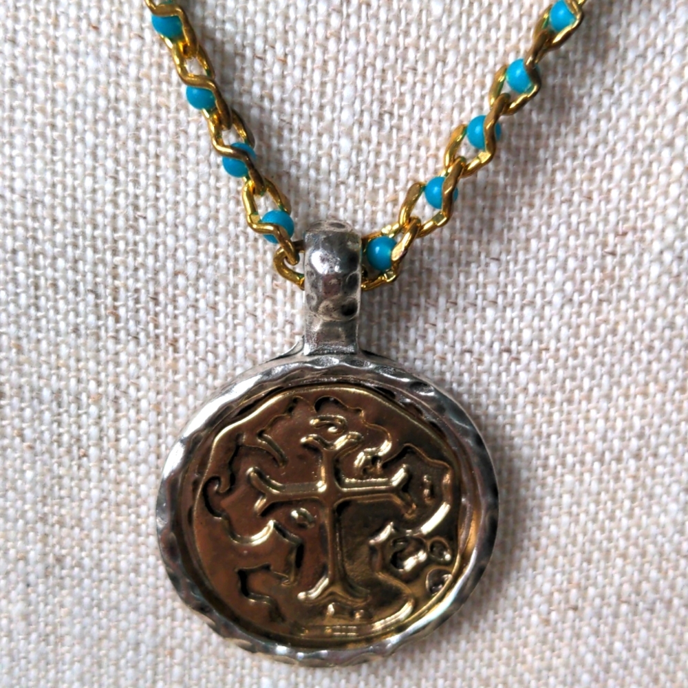 New Turquoise Pendant Necklace. Cross In Gold, Silver Bezel. Beaded, 22"+2". - Picture 4 of 7